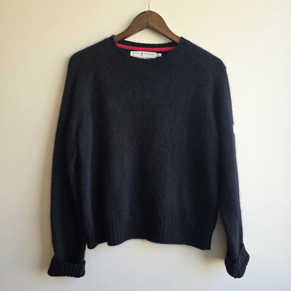 VTG Tommy Hilfiger Sweater Womens Large Black Pullover Lambswool Angora Y2K Logo